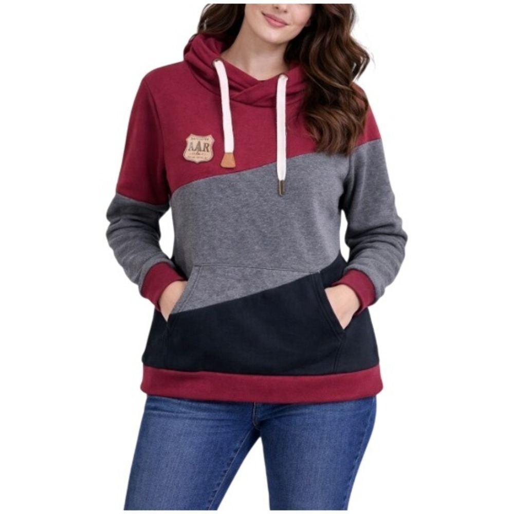 Alaska Chicks Co Womens‎ Colorblock Cowl Neck Hoodie Burgundy Grey Black Size M
